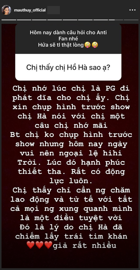 Mâu Thủy chia sẻ kỷ niệm về Hồ Ngọc Hà với người hâm mộ.