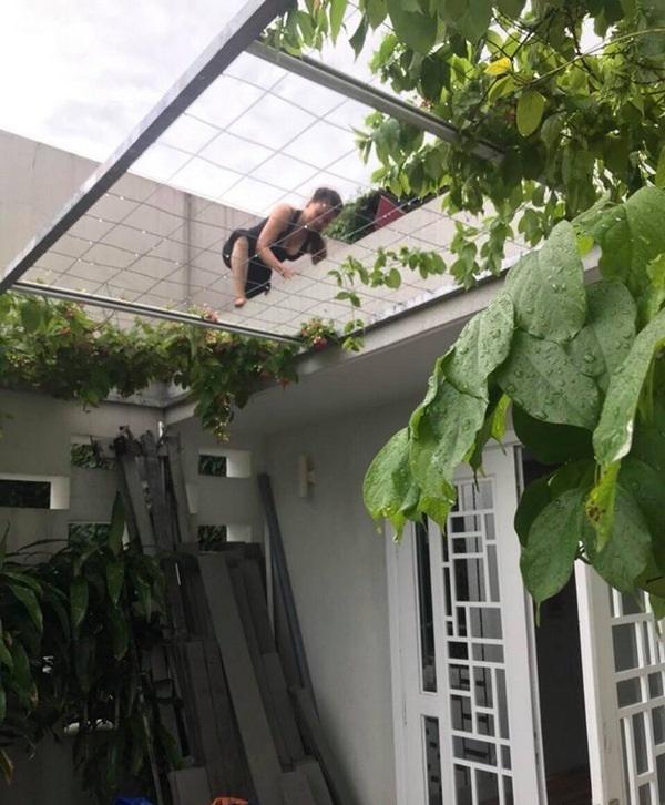 Dù đã lớn tuổi nhưng mẹ của Hồ Ngọc Hà không ngại ngần trèo lên cao dọn dẹp, sửa sang cho khu vườn.