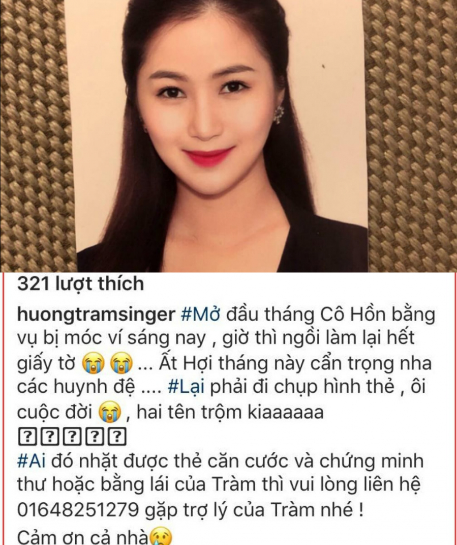 Trên trang cá nhân Hương Tràm có đăng tải hình ảnh thẻ mới vô cùng xinh đẹp, nhưng trái ngược lại là dòng trạng thái phẫn nộ khi bị 2 tên trộm móc ví vào ngay buổi sáng, đồng thời cũng nhắc mọi người cẩn trọng trước những chuyện không may vào tháng cô hồn. Tức giận và buồn bã Hương Tràm đã viết: 