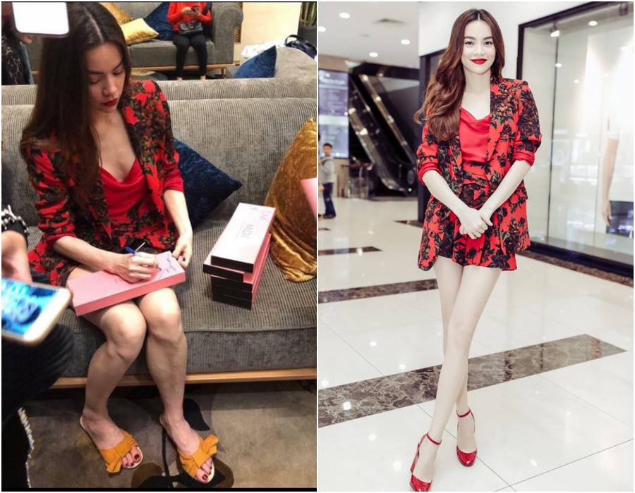 Cách đây không lâu, cùng một sự kiện, hình ảnh hậu trường lộ vẻ gầy gò, đôi chân khẳng khiu thiếu sức sống được xem là bằng chứng cho những bức ảnh đã qua chỉnh sửa để có được vẻ thon gọn, nuột nà của Hồ Ngọc Hà.