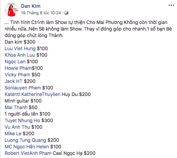 Dòng trạng thái kêu gọi đóng góp giúp đỡ Mai Phương của Đan Kim.