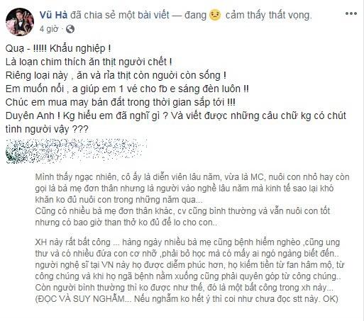 Vũ Hà tức giận chỉ trích kẻ độc mồm độc miệng.