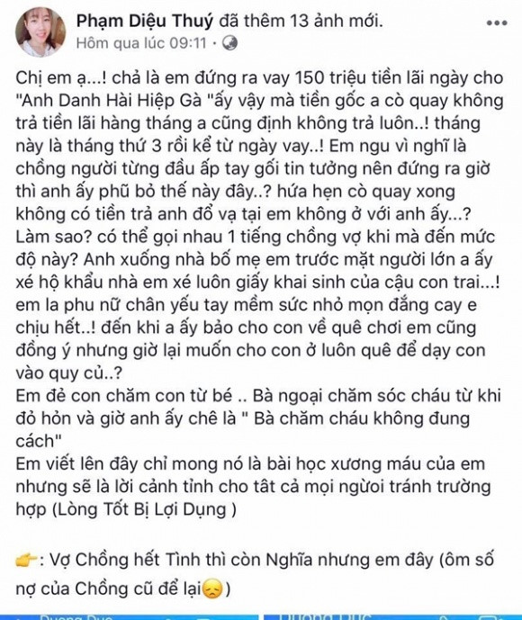 Nội dung đoạn tố chồng của Diệu Thúy trên trang cá nhân.