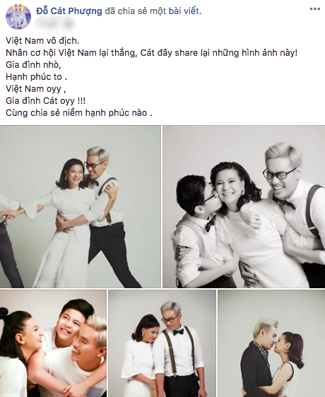 Cát Phượng khoe ảnh hạnh phúc bên Kiều Minh Tuấn và con trai để chúc mừng đội tuyển Việt Nam.