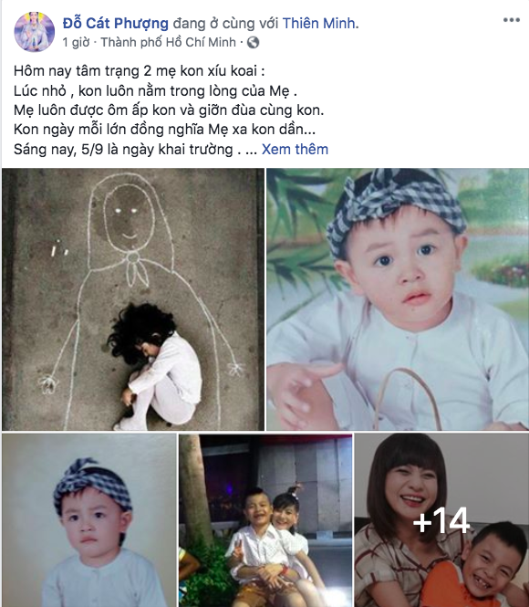 Trên trang cá nhân, Cát Phượng đăng tải trạng thái xúc động nhân ngày 5/9 - ku Bom khai trường. Đáp lại lời mẹ Cát Phượng muốn đưa đến trường, ku Bom nói với mẹ: 