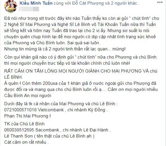Kiều Minh Tuấn cập nhật trạng thái và tag tên Cát Phượng.
