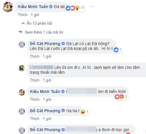 Trạng thái mới nhất của Cát Phượng được Kiều Minh Tuấn vào bình luận.