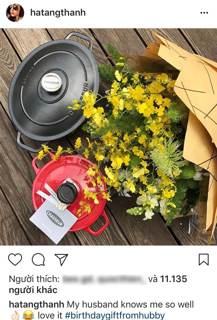Thay vì những món đồ hàng hiệu hay nhẫn kim cương hột xoàn xa hoa, ông xã Tăng Thanh Hà lại dành tặng người đẹp hai chiếc nồi để thoả mãn niềm đam mê nấu nướng.