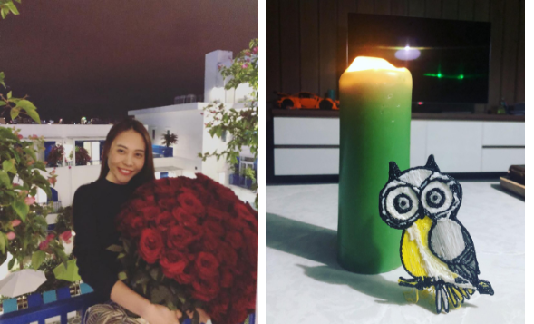 Một bó hoa hồng lớn và mô hình cú mèo do tự tay Cường Đô La làm là những món quà giản dị nhưng cũng rất ý nghĩa mà Đàm Thu Trang được nhận.