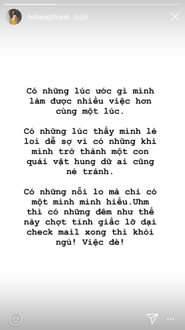 Tâm sự hiếm hoi của Tăng Thanh Hà về tâm trạng ở thời điểm hiện tại.