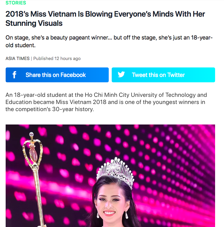 Trang Koreaboo của Hàn Quốc đưa tin về Trần Tiểu Vy với nhiều lời khen.