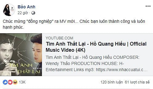 Dòng trạng thái trên trang fanpage chúc mừng Hồ Quang Hiếu của Bảo Anh.