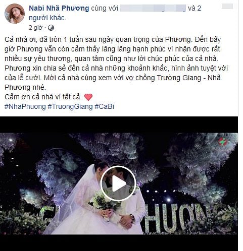Chia sẻ đầu tiên của Nhã Phương sau Quatrian shbet hiện đang mở thế kỉ với Trường Giang. Cô thừa nhận 