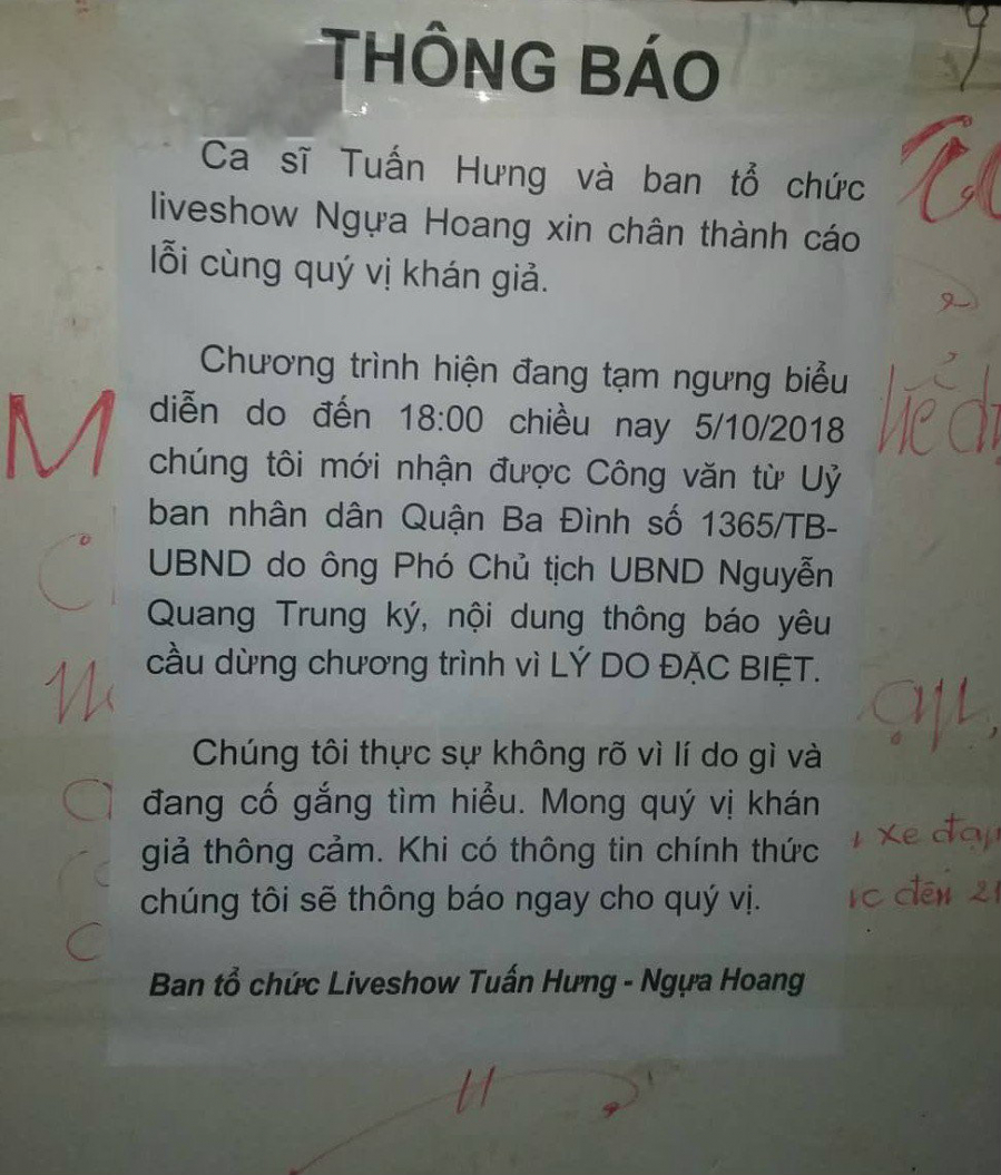 Thông báo từ BTC Liveshow Tuấn Hưng gửi đến khán giả.