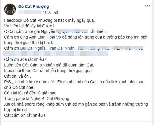 Cát Phương thông báo đã lấy lại được tài khản Facebook trên trang cá nhân.