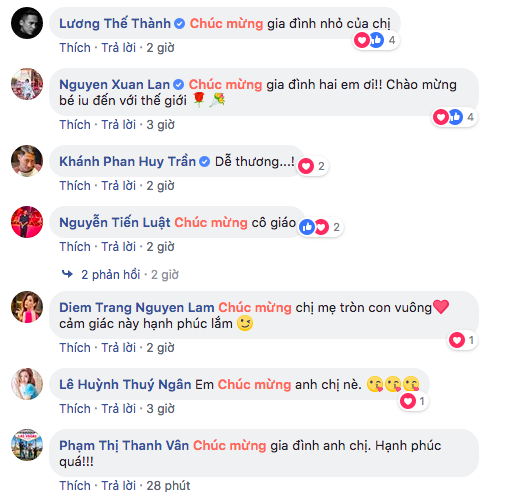 Các nghệ sĩ, bạn bè thân thiết đã gửi lời chúc mừng đến vợ chồng nữ diễn viên.