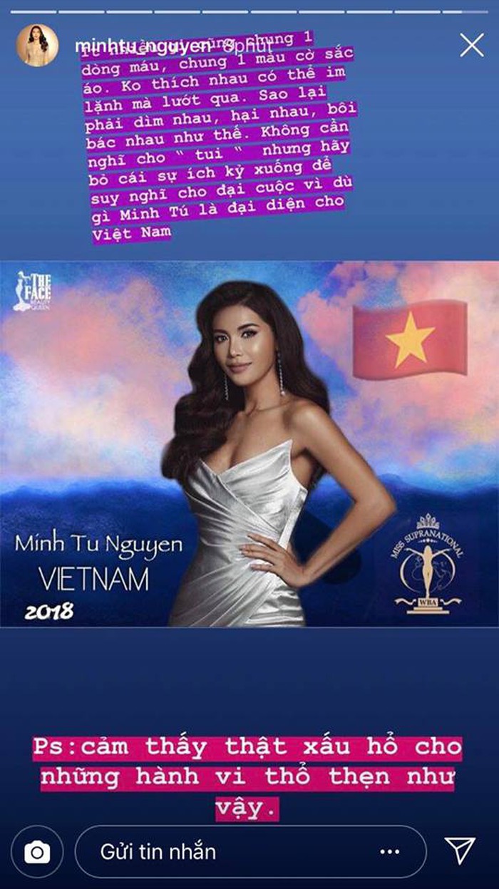 Minh Tú bức xúc khi có người dìm hàng, hại cô khi siêu mẫu này chuẩn bị thi Miss Supranational 2018.  