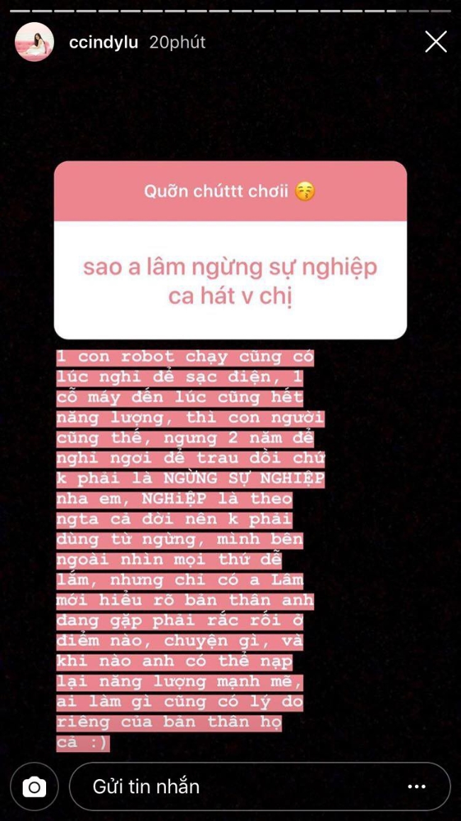 Bạn gái Hoài Lâm tiết lộ lý do anh tạm dừng hát là để nạp năng lượng tích cực hơn.