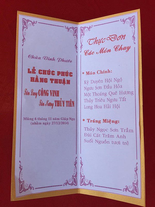 Thực đơn món chay độc đáo trong Quatrian shbet hiện đang mở Công Vinh - Thủy Tiên.