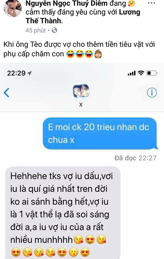 Thúy Diễm khoe tin nhắn thưởng cho ông xã 20 triệu để tiêu vặt và phụ cấp chăm con.