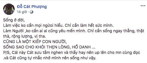 Chia sẻ mới nhất của Cát Phượng trên trang cá nhân.
