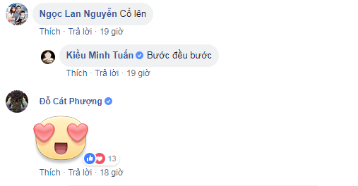 Cát Phượng để lại biểu tượng cảm xúc yêu thích dưới hình ảnh Kiều Minh Tuấn chia sẻ.
