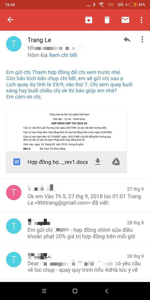 Email xác nhận hợp đồng dịch vụ của nữ diễn viên Bảo Thanh với doanh nghiệp.