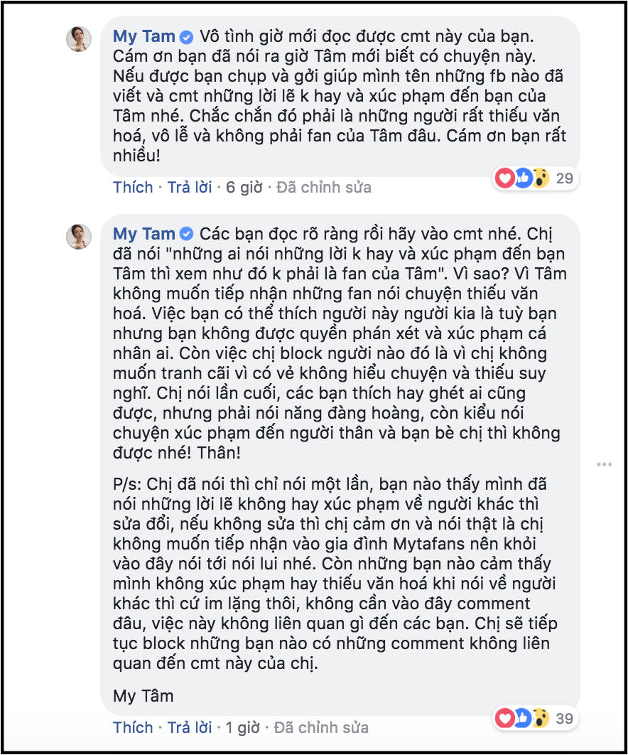 Mỹ Tâm dành một chia sẻ dài đầy căng thẳng gửi tới antifan của mình.