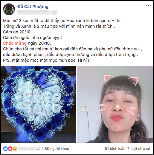 Cát Phượng hạnh phúc khoe món quà được cho là Kiều Minh Tuấn tặng.