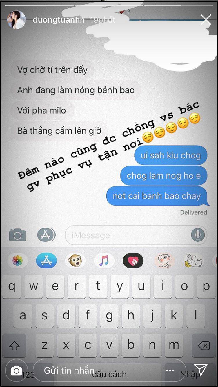 Á hậu Tú Anh khoe đoạn tin nhắm được ông xã yêu chiều hết mực sau 3 tháng kết hôn.