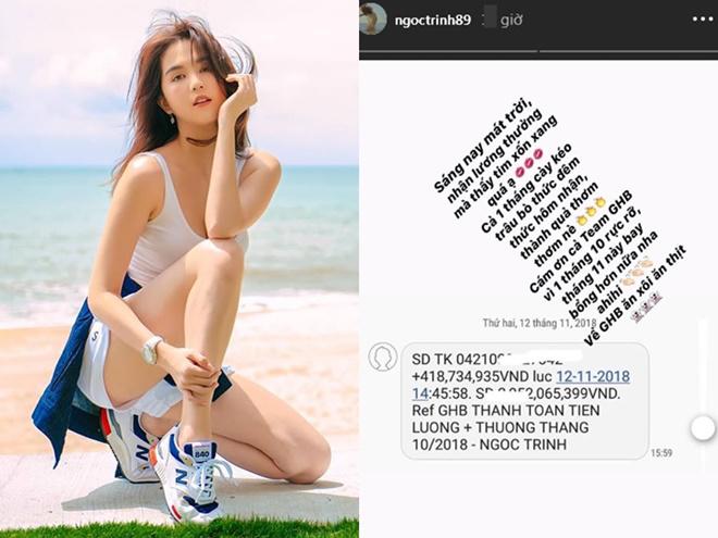 Ngọc Trinh khoe tiền lương và thưởng trong tháng 10.