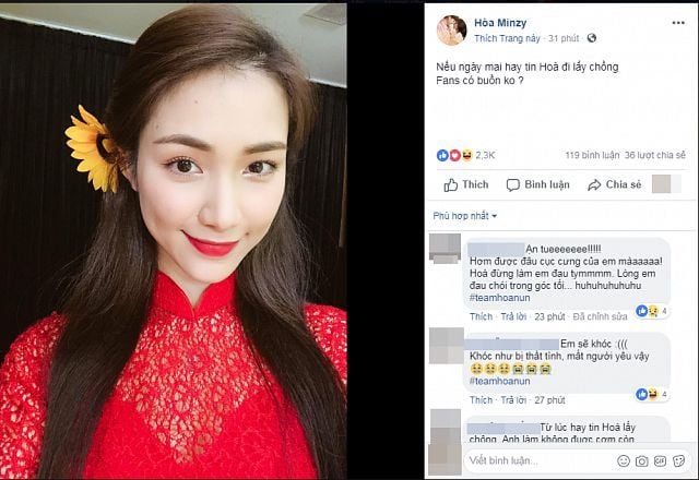 Mới đây, trên trang Fanpage cá nhân, Hòa Minzy đã khiến người hâm mộ không khỏi ngỡ ngàng khi đăng tải hình ảnh diện chiếc áo dài truyền thống màu đỏ kèm theo dòng trạng chú thích đầy ẩn ý: “Nếu ngày mai hay tin Hoà đi lấy chồng, fans có buồn không?”. Ngay lập tức, bài chia sẻ của giọng ca “Rời bỏ” đã thu hút đông đảo sự quan tâm của cư dân mạng. Không ít khán giả tỏ vẻ tiếc nuối khi “chị đại Shbet111 slot, casino, thể thao, xổ số hoa dâm bụt” sớm “theo chồng bỏ cuộc chơi”. Tuy nhiên, bên cạnh đó, nhiều người lại dành lời chúc mừng tới Hòa Minzy vì sắp cập bến đỗ hạnh phúc của mình. (SHBET)