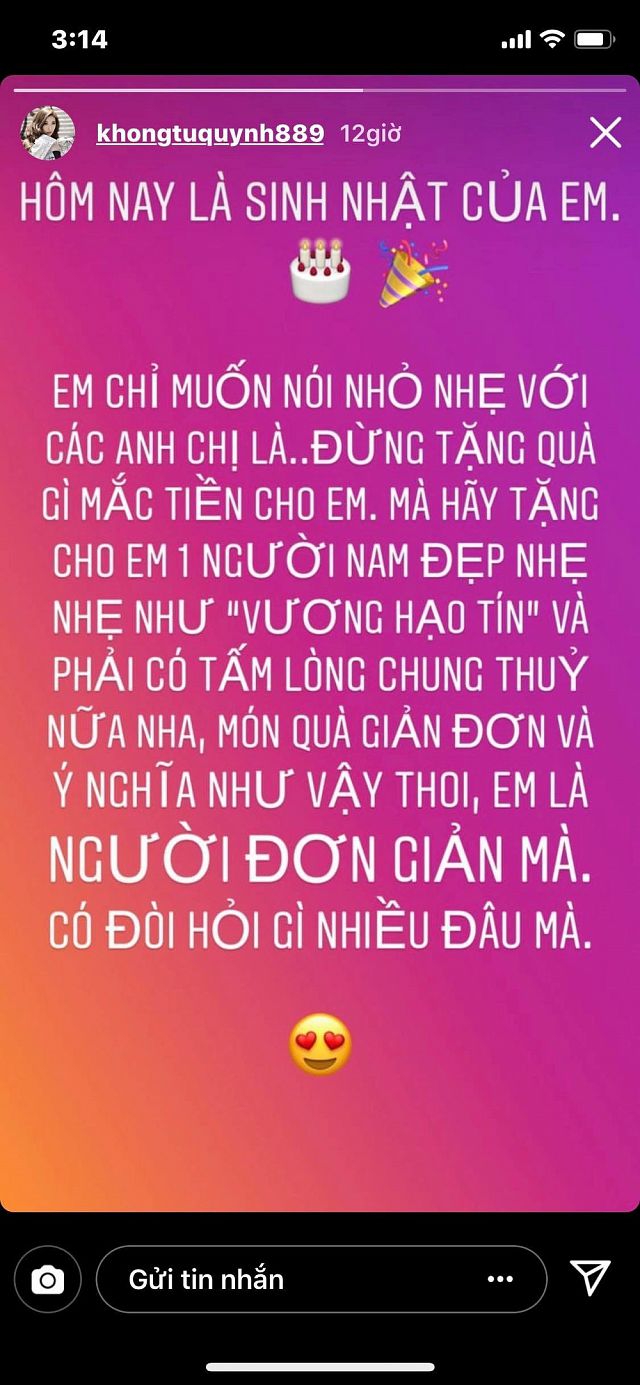 Dòng trạng thái mới nhất của Khổng Tú Quỳnh công khai việc muốn có người yêu và phải là người chung thủy.
