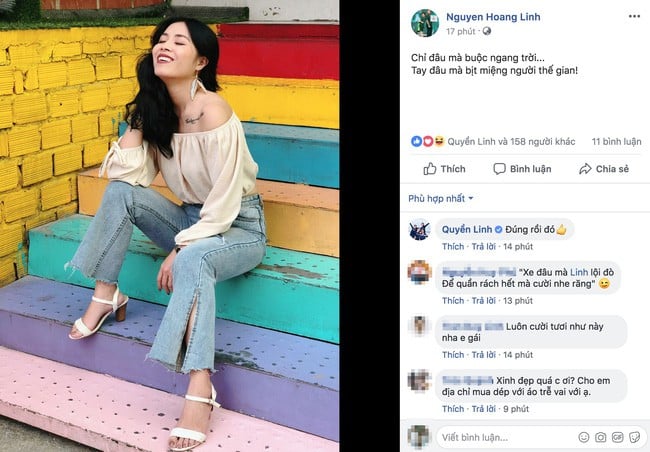 Trên trang cá nhân, nữ MC Hoàng đã đăng tải hình ảnh kèm dòng status đầy ẩn ý. Đây là động thái đầu tiên của cô sau gần hai tuần cô tuyên bố chia tay chồng sắp cưới. Trong hình, nữ MC ngồi thoải mái, tự tin trên những bậc thang đầy màu sắc. Cô mặc chiếc áo hở vai phối cùng chiếc quần jeans cá tính toát lên sự hiện đại. Kèm theo đó là dòng status: “Chỉ đâu mà buộc ngang trời. Tay đâu mà bịt miệng người thế gian!”. Status của cô nhanh chóng thu hút sự chú ý của mọi người. Dù dòng status không nói thẳng về chuyện tình cảm cá nhân nhưng nó như ám chỉ về lùm xùm xung quanh chuyện cá nhân của cô. (Soha)