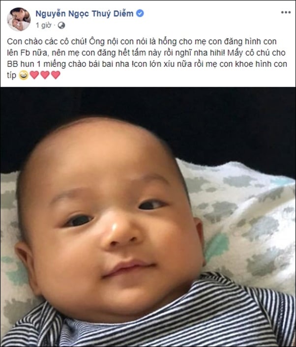 Thúy Diễm bất ngờ thông báo sẽ đăng hình con trai nốt một lần rồi thôi vì bố chồng không cho đăng nữa.