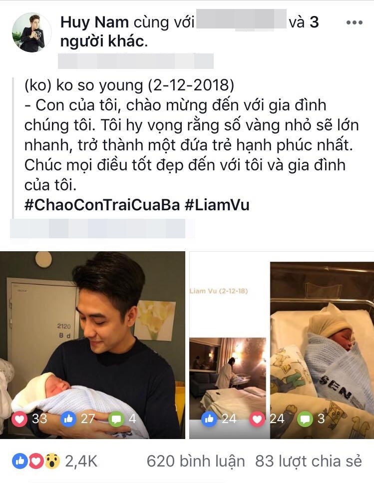 Ca sĩ Huy Nam thông báo tin vui trên trang cá nhân.