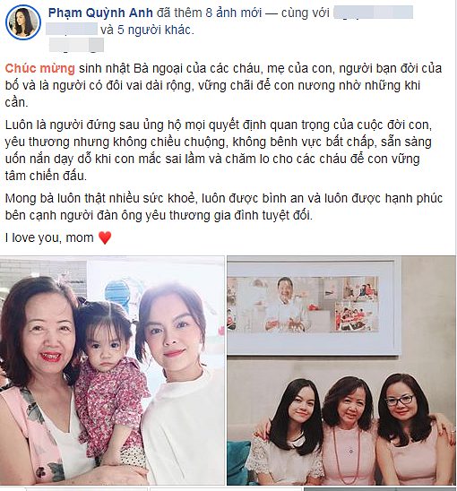 Nữ ca sĩ gửi lời chúc mừng đến mẹ.