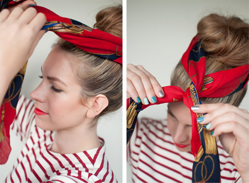 Quấn khăn turban vòng quanh búi tóc củ tỏi.