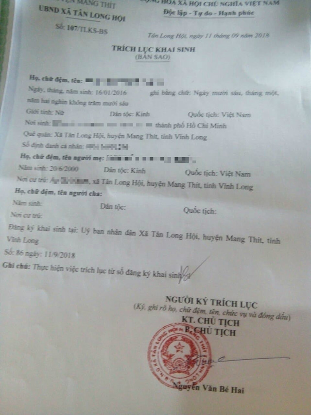 Giấy tờ xin làm giấy khai sinh cho con của T