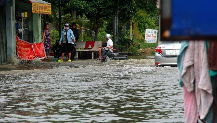 Nhiều cửa hàng tạp hóa dọc tuyến đường số 1 phải chịu cảnh vắng khách mua vì ngập nước. Mỗi lượt ôtô đi trên đường tạo sóng nước tạt vào nhà, người dân phải kê hàng hóa và đồ dùng sinh hoạt lên cao tránh ngập nước.