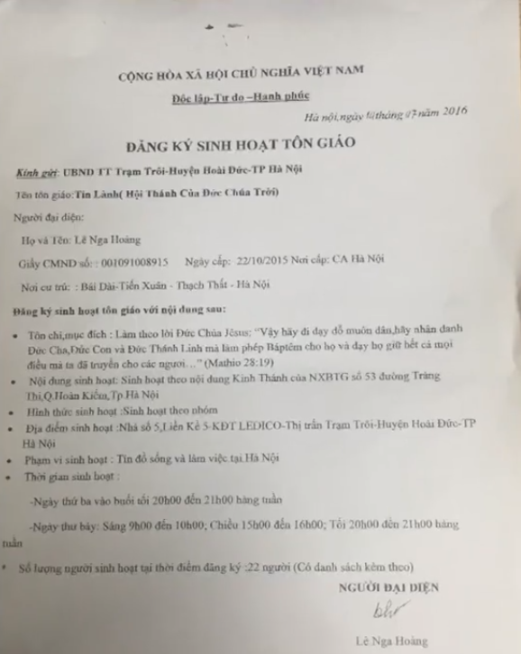 Giấy đăng ký sinh hoạt tôn giáo.