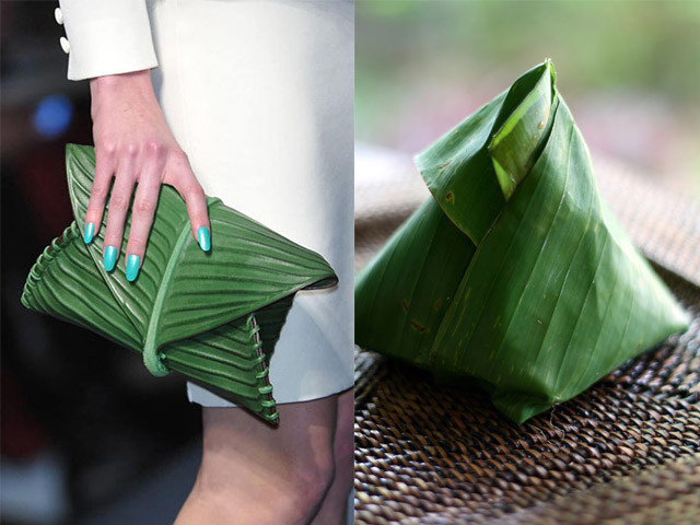 Jean Paul Gaultier là một NTK nổi tiếng ở Pháp, ông luôn cho ra đời những mẫu thiết kế mang tính thời đại và đầy nghệ thuật. Trong một BST trước đây, những chiếc clutch, chiếc túi lấy cảm hứng từ lá chuối, gói xôi bắp thân thuộc của người dân Việt Nam gây tò mò thích thú cho người yêu thời trang.