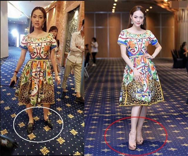 Mặc dù trên người diện bộ đầm hiệu nhưng khoảnh khắc Minh Hằng mang dép bệt trong hậu trường đã làm lộ đôi chân ngắn ngủn cùng tư thế tạo dáng khó đỡ.    