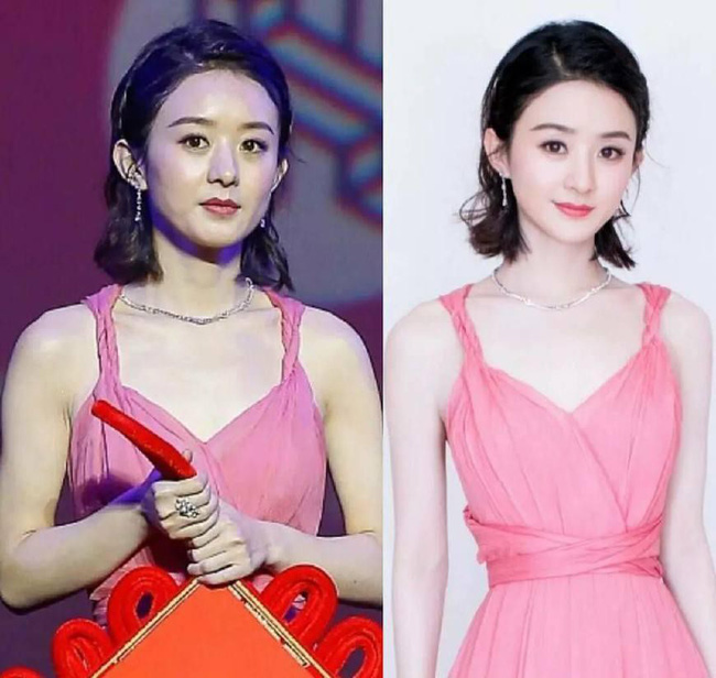 Triệu Lệ Dĩnh lộ mặt bánh bao, da nhiều dầu xám xịt khác hẳn vẻ thanh thoát, trẻ trung trong ảnh do studio tung ra (phải).    