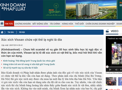 SHBET.vn xúc xích Vissan chứa vật thể lạ nghi là đỉa