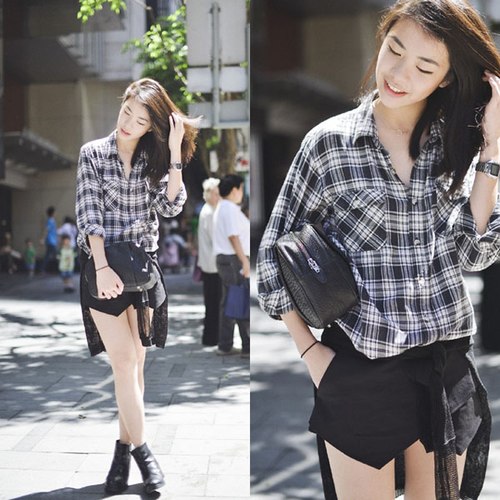 sơ mi kẻ ca rô mix chân váy ngắn