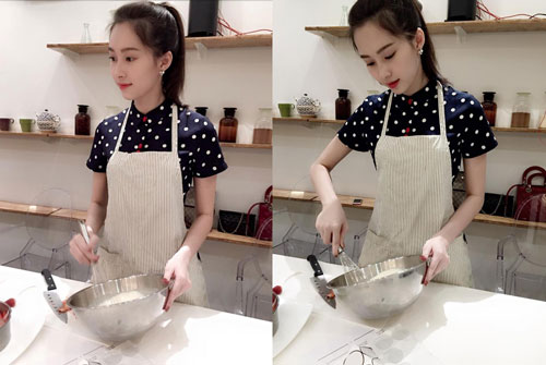 Ngam hinh anh sieu dang yeu cua sao Viet khi vao bep lam banh