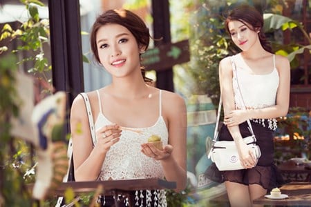 Huyền My xinh tươi với váy ngắn, áo dây xuống phố
