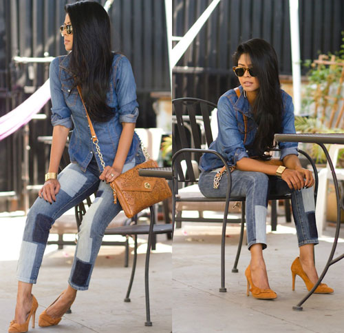 Thu phong cách với style trang phục denim chắp vá