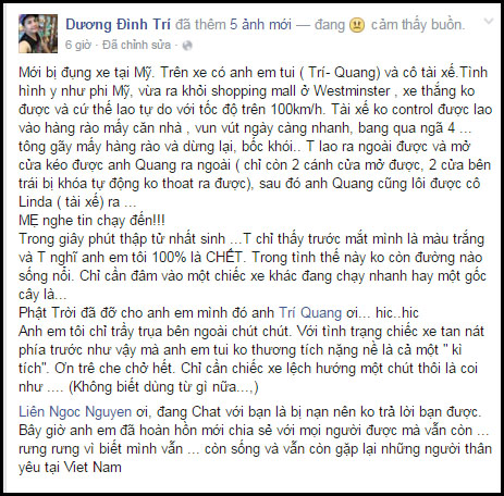 Con trai NSND Lệ Thủy suýt tử nạn tại Mỹ vì tai nạn giao thông